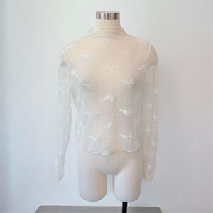 Aerie White Cream Lace Woven Top Shirt Knit Short Sheer Floral Large Mock Neck